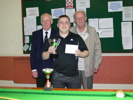 2012 Winner of the P&DSL Individual, James Peoples (Empire Services) flanked by John Newton (EASB Referee) and George Jackson (League Secretary)