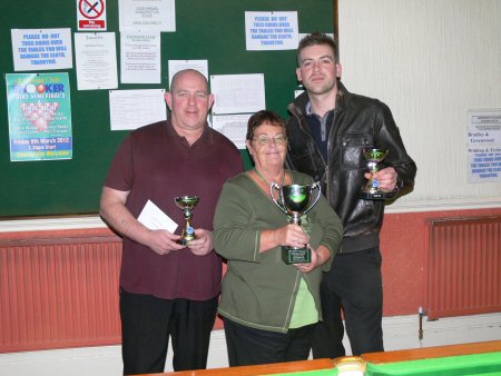 Neil Greenwood and Jason Bradley receive the Pairs Andy Wood Memorial Trophy and 200 Winner's Purse from Mrs. Eileen Wood.