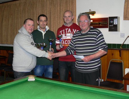 Brian Mangan takes the 3-Man Team Trophy and 200 from Dick Waring President of Eccleston WMI watched by Ben Messent and Andy Brady.