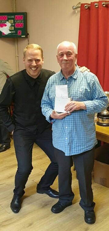 Robbie Hayes 2018-19 Wallasey Championship Semi-Finalist receiving his trophy off Allan Taylor